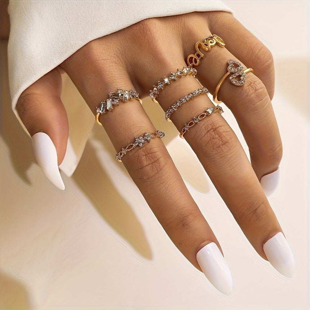 7-Piece Retro Bohemian Crystal Pearl Butterfly Golden Ring Set for Women - Vintage-Inspired Jewelry Collection with Butterfly-Shaped Accents, Pearl Embellishments, and Golden Plating - Perfect for Everyday Wear, Gift-Giving,